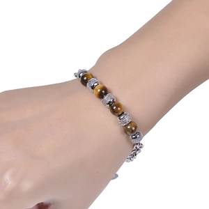 Men's natural tiger eye stone bead bracelet with textured stainless steel beads