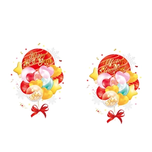 Festive Happy New Year and Merry Christmas balloon stickers with ribbons and snowflakes