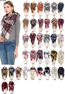 Detailed catalog showing 35 colors of plaid tassel scarves with a model wearing one