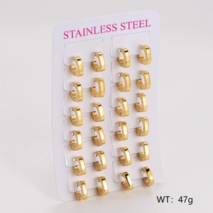Detailed set of 12 pairs of minimalist square gold stainless steel earrings on a display card