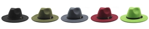 Close-up of five fedora hats with leather belts in black, olive, gray, burgundy, and green