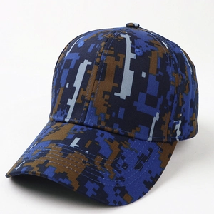 Detail of digital camouflage baseball cap in blue and brown with cotton twill texture