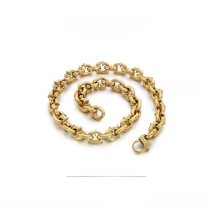 Detail of 15mm wide gold stainless steel Cuban chain showing 600mm length and lobster clasp