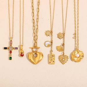 French vintage 18K gold plated stainless steel necklaces with cross and heart pendants
