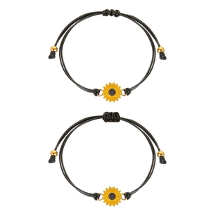 Friendship sunflower woven rope bracelets set with adjustable black cords for women