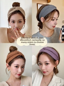 Detail of soft elastic twisted headbands in beige, gray, coffee and purple colors