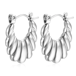 Minimalist silver croissant hoop earrings in stainless steel with textured twist design