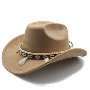 Detailed close-up of brown suede cowboy hat with white fringe and shell bead decoration