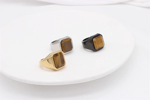 Three-color titanium steel signet rings for men featuring square-cut brown tiger eye stones