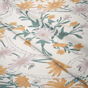 Detail of floral tapestry fabric with purple blossoms and soft cotton texture