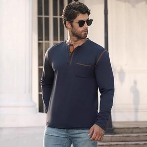 Men's navy blue long sleeve polo sweatshirt with henley collar and chest pocket