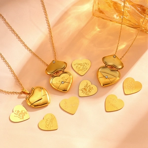 Gold heart envelope locket necklace with custom engraved inserts for women