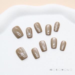 Handmade Press On Nails ABS Plastic Light Coffee White Bow Polka Dot Glossy Short Ballet Style Elegant Women Nail Art