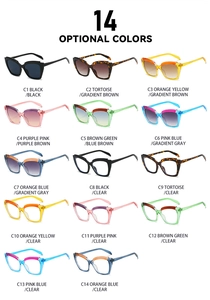 Detailed grid showing 14 optional color variants of gradient cat-eye sunglasses for women