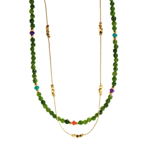 Double-layered necklace with 4mm green faceted beads and a gold chain with cubes