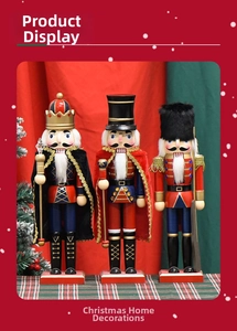 Three traditional wooden nutcracker soldier figurines with red blue and gold uniforms