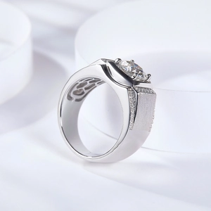 Men's S925 silver ring featuring a 2-carat round moissanite with micro-pave side stones