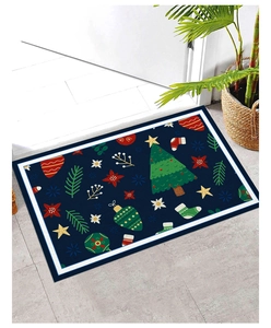 Detailed view of a dark blue Christmas doormat with festive ornaments and white borders