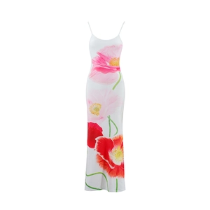 Detailed view of white slim fit maxi dress featuring vibrant pink floral print patterns