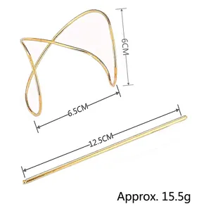 Minimalist gold metal hair pin set with curved cross hair cuff for elegant bun styles