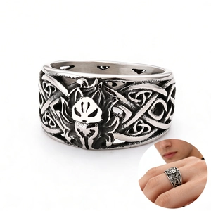 Vintage Viking Wolf Fox Head Stainless Steel Ring For Men Punk Celtic Knot Hollow Band Nordic Totem Enamel Jewelry Gift