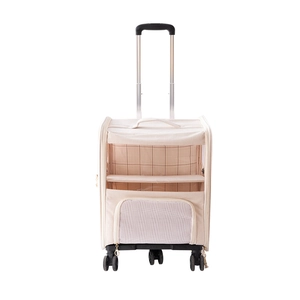 Double-layer pet carrier with wheels, foldable breathable rolling cat backpack in beige