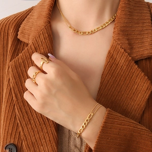 Double-layer gold beaded necklace and bracelet set in 18K gold-plated titanium steel