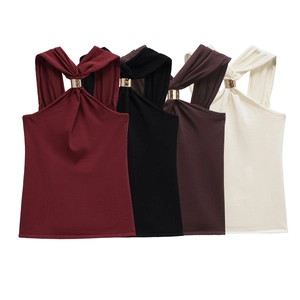 Detail of four knit halter tops with gold ring accents in burgundy, black, brown, and cream