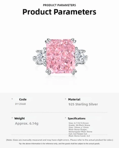 Detailed spec sheet showing 925 sterling silver ring with 6ct pink ice cut zircon stone