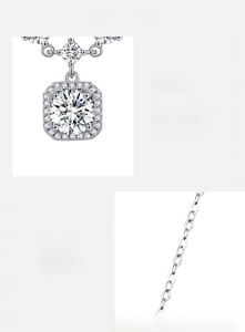 Macro shot of 925 sterling silver chain and princess cut moissanite pendant detail