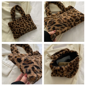 Detailed views of leopard print plush handbag showing faux fur texture and snap closure