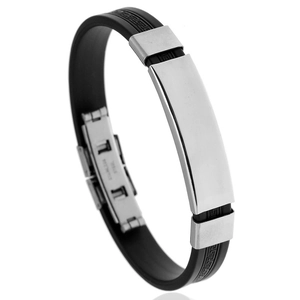 Men's fashion silicone bracelet with stainless steel Greek key pattern and silver accents