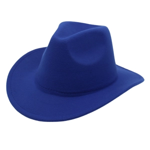 Detail of dark blue felt western cowboy hat featuring wide brim and stitched edge finish