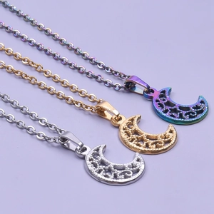 Minimalist moon crescent necklaces in silver, gold and rainbow stainless steel finishes