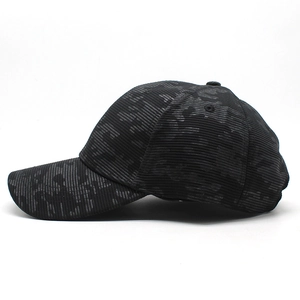 Side view of black distressed washed denim baseball cap featuring unique camo stripe texture