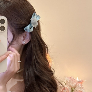 Elegant light blue mesh bow hair clip with gray rose flower on female model