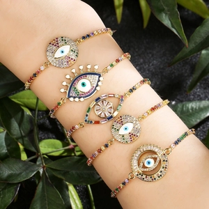 Evil Eye Bracelet Gold Plated Copper Rainbow Zircon Adjustable Slider Clasp Bohemian Lucky Charm Jewelry For Women