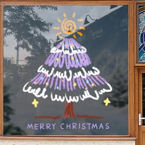 Purple hand-drawn Christmas tree window sticker with Merry Christmas text on glass