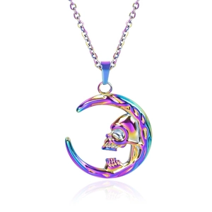 Rainbow plated stainless steel moon and skull pendant necklace on a clean white background