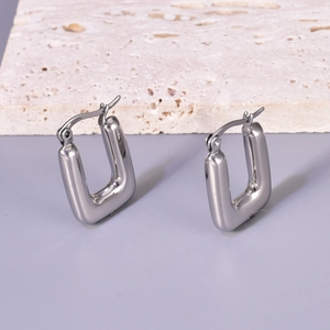 French style hollow u-shape stainless steel hoop earrings in polished silver finish