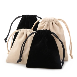 Black and beige velvet drawstring pouches for jewelry storage and gift packaging