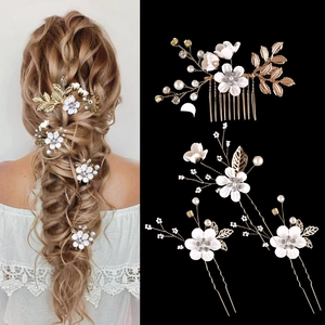 Elegant 4pcs bridal floral hairpins and comb set with pearls and rhinestones on black background