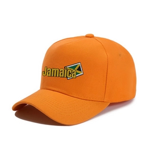 Orange five-panel baseball cap featuring Jamaica embroidery and national flag design