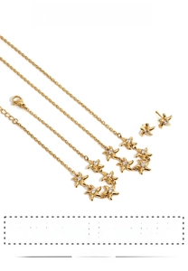 Detailed view of gold starfish jewelry set with sparkling zircon inlays on white background