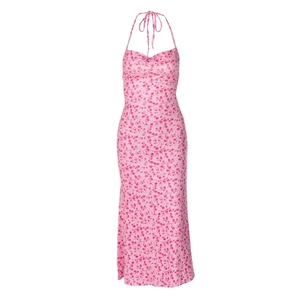 Detailed flat lay of a pink floral halter neck midi dress with tie neckline