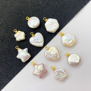 Natural freshwater pearl pendants in heart and star shapes with golden metal loops