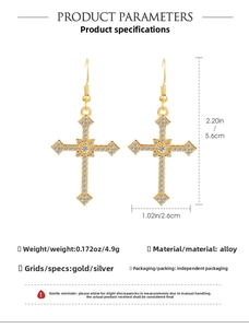Detailed view of Gothic cross drop earrings with dimensions and rhinestone inlay