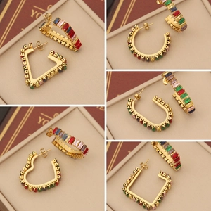 Colorful Zirconia Stainless Steel Earrings C-Shape Heart Geometric Rainbow Studs Fashion Jewelry For Women