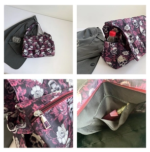 Detail view of purple skull floral nylon bag showing flap, side pocket and inner pocket