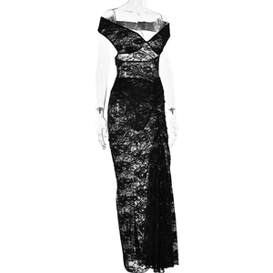 Detail of black sheer lace maxi skirt with ruched fabric and elegant ruffled hemline